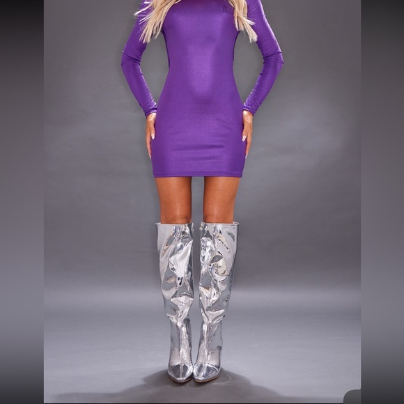 Silver Metallic Point Toe Knee High Heeled Boots - Picture 2 of 8